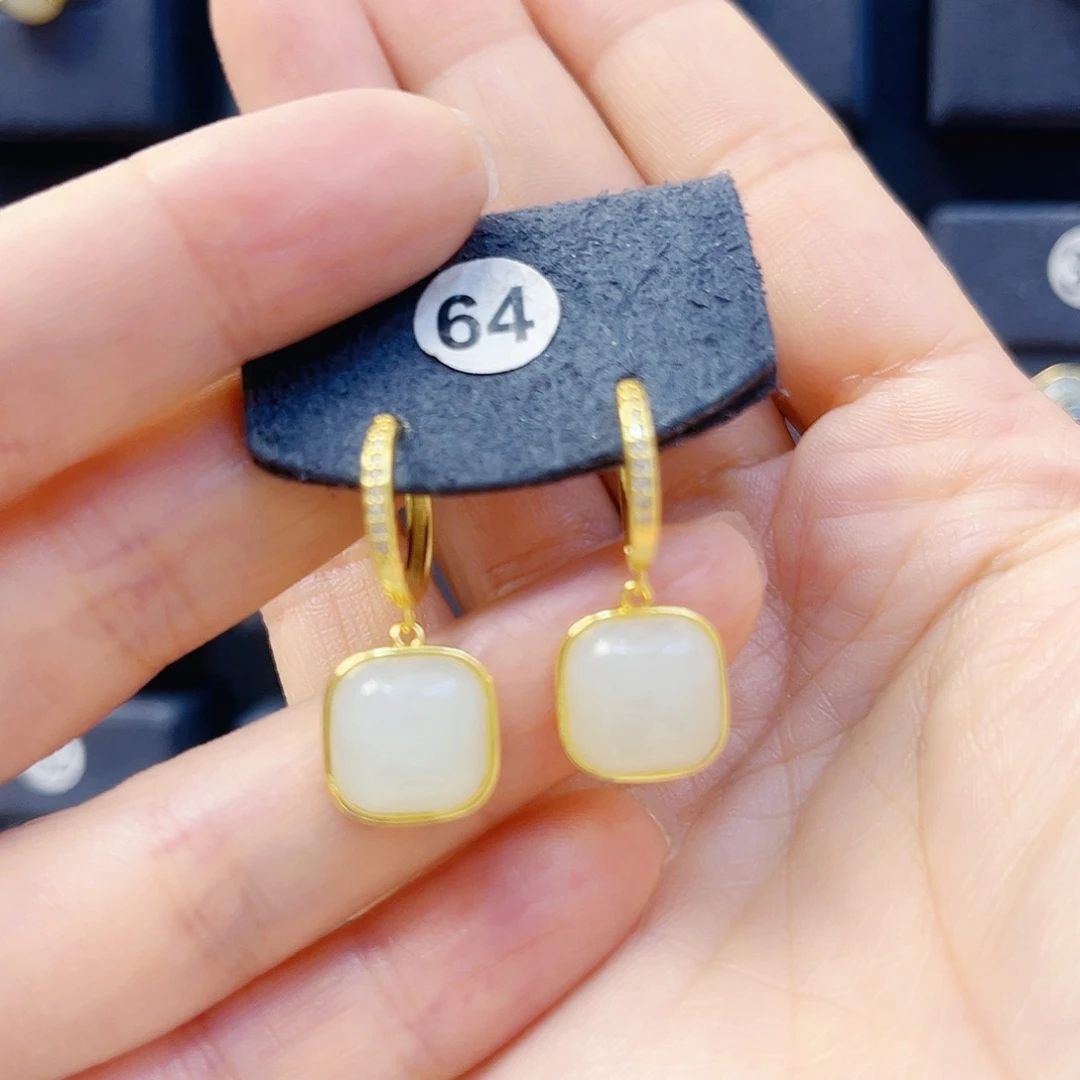 和田玉银S925镀金镶嵌耳饰