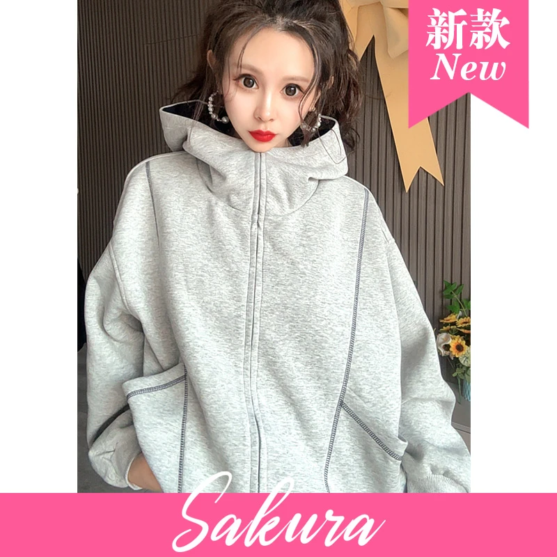 秋冬新款美式高领撞色设计感廓型重磅开衫拉链外套连帽卫衣情侣款