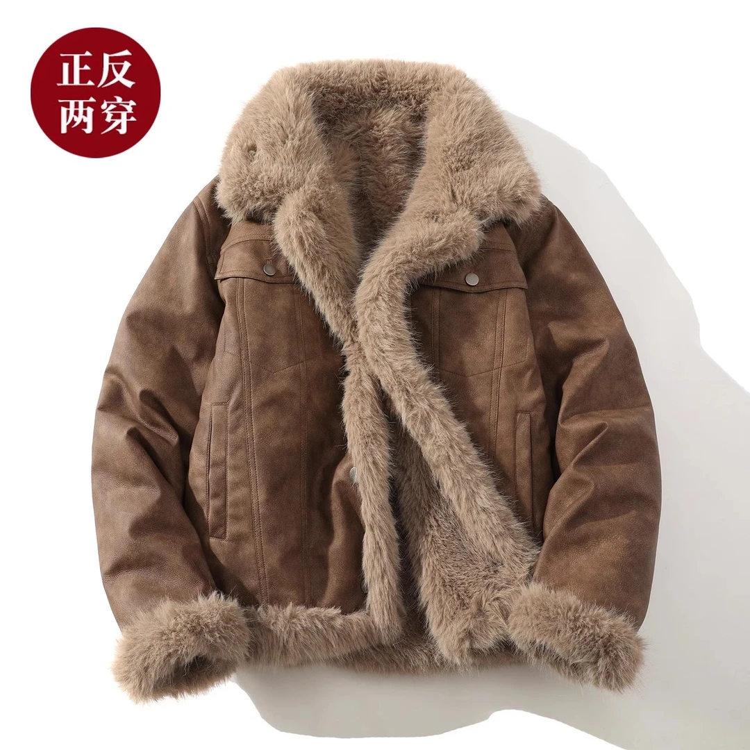 GS冬季潮流男装两面穿棉衣翻领工装外套保暖潮牌痞帅大毛领棉袄男