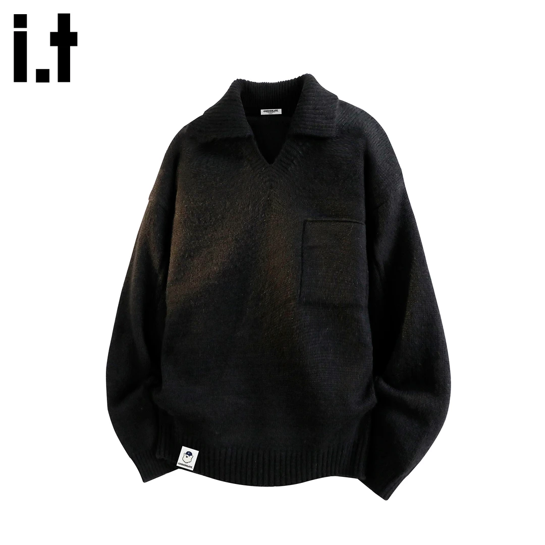 it :CHOCOOLATE黑色复古毛衣男2025冬季棉羊毛保暖上衣百搭针织衫