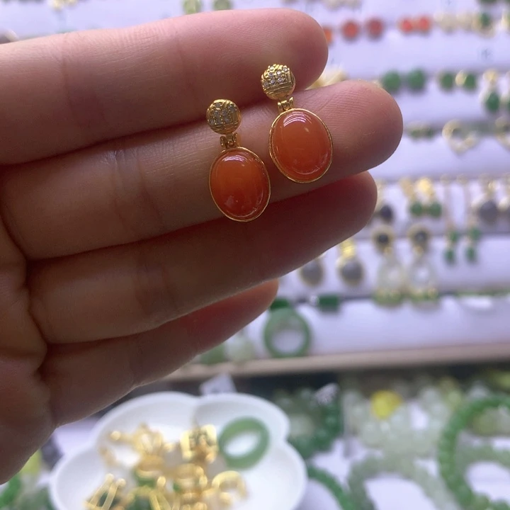 南红玛瑙银S925镶嵌耳饰