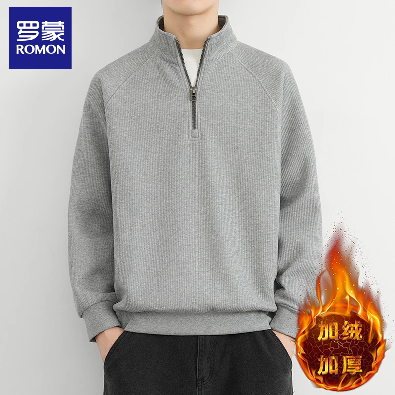 Romon/罗蒙秋冬季男装卫衣半拉链简约毛衣宽松潮流休闲立领打底衫