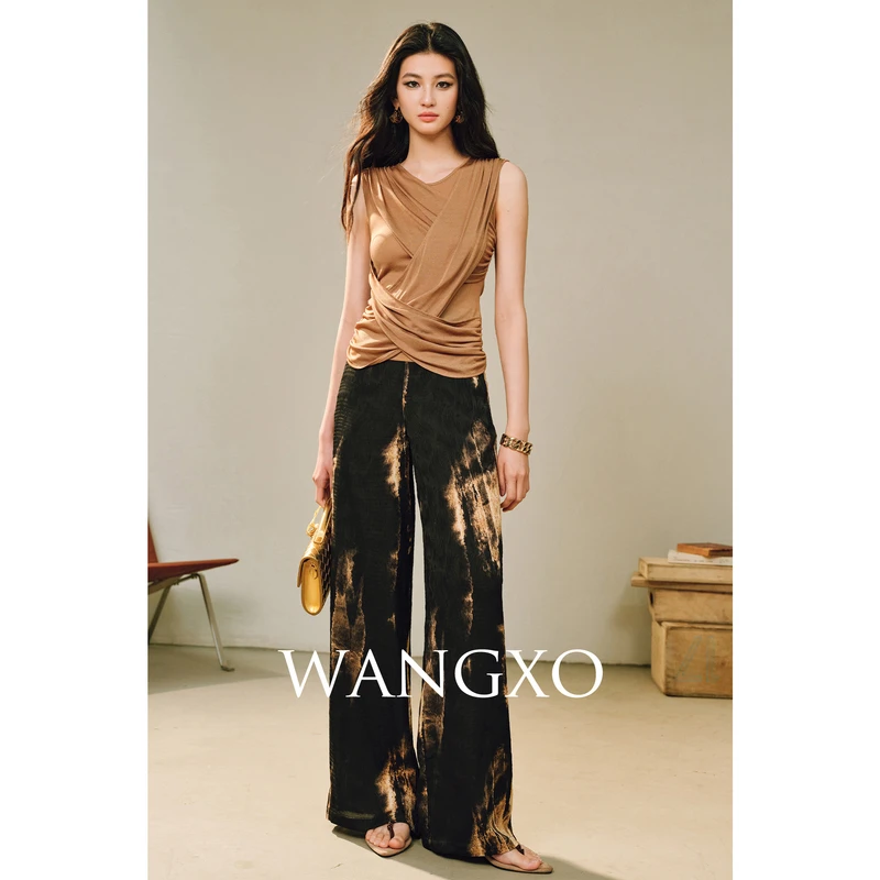 WANGXO  芙蓉缎提花清冷高级垂感阔腿裤250525W