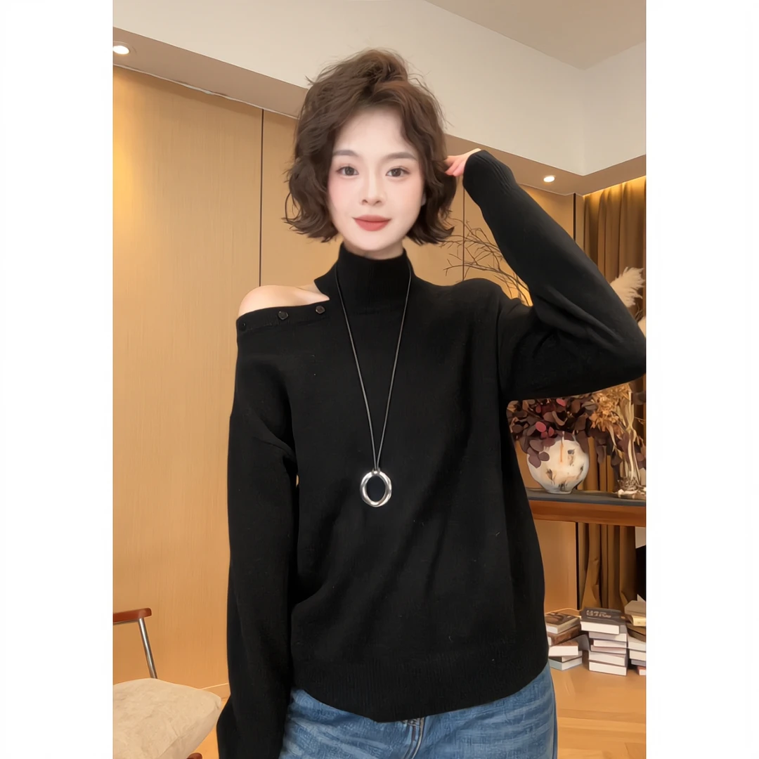 欧尼私服2025秋冬新款休闲时尚半高领纽扣镂空针织衫2512C9128