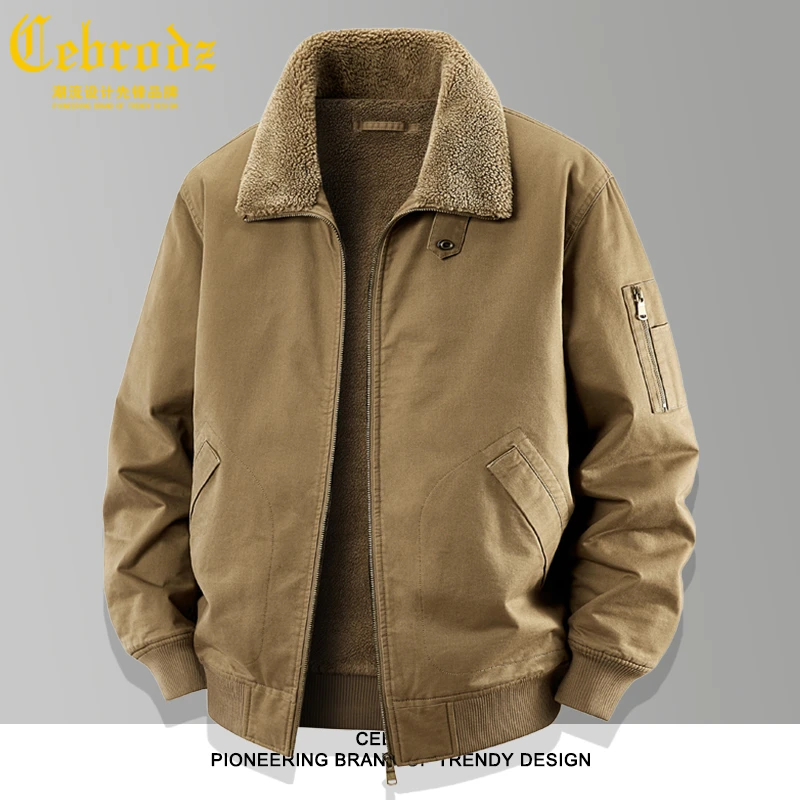 法国Cebrodz男士羊羔绒翻领夹克纯棉中年爸爸装通勤商务加厚外套