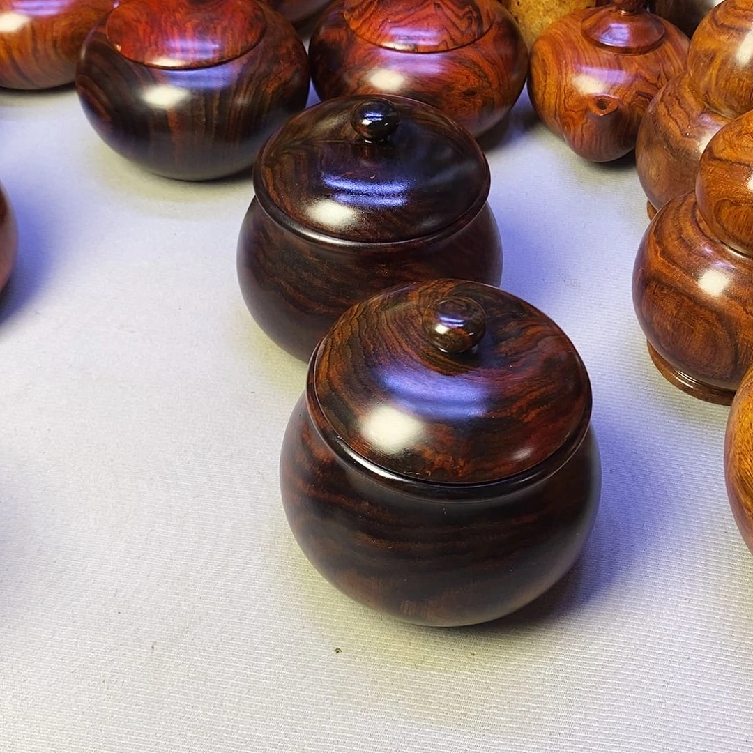 木夏**冰老挝大红酸枝茶叶罐一对