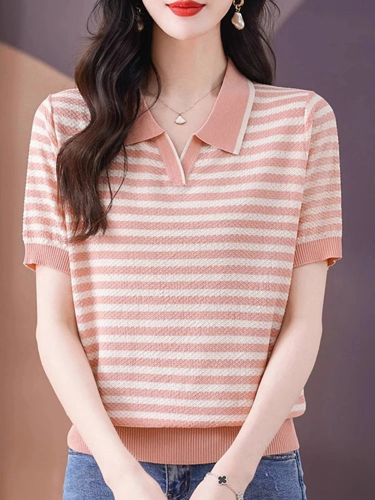 夏季天丝短袖T恤女士2025新款条纹翻领时尚短袖针织衫宽松t恤上衣