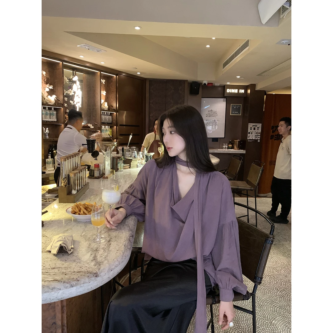 安酒月【烟紫雾光】优雅知性天丝飘带衬衫气质荡领韩系高级感上衣