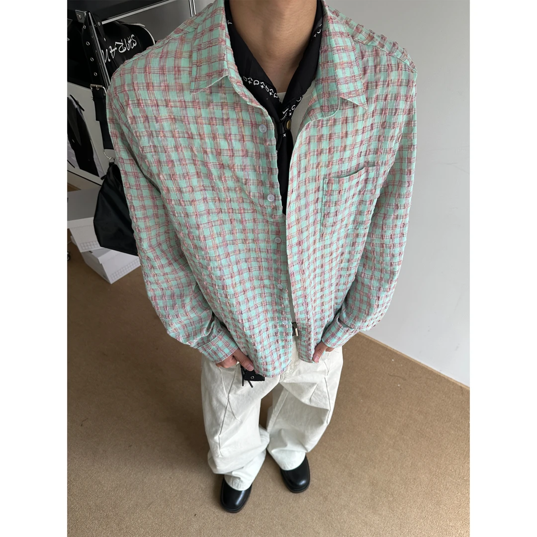 CZ2美式复古泡泡纱肌理感长袖衬衫荧光绿宽松休闲通勤百搭衬衣