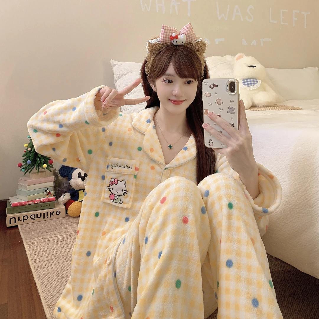 珊瑚绒睡衣女冬季卡通法兰绒加绒加厚少女长袖保暖甜美家居服套装