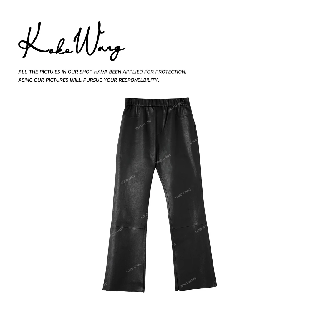 KOKOWANG 秋冬新款修身遮肉显瘦内开叉微喇弹力皮裤 590685F17K41