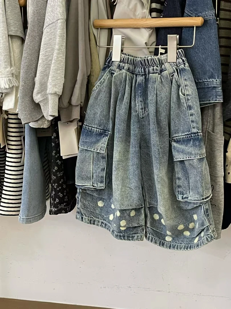 女童2025春季新款点点工装牛仔裤时尚韩版休闲裤子