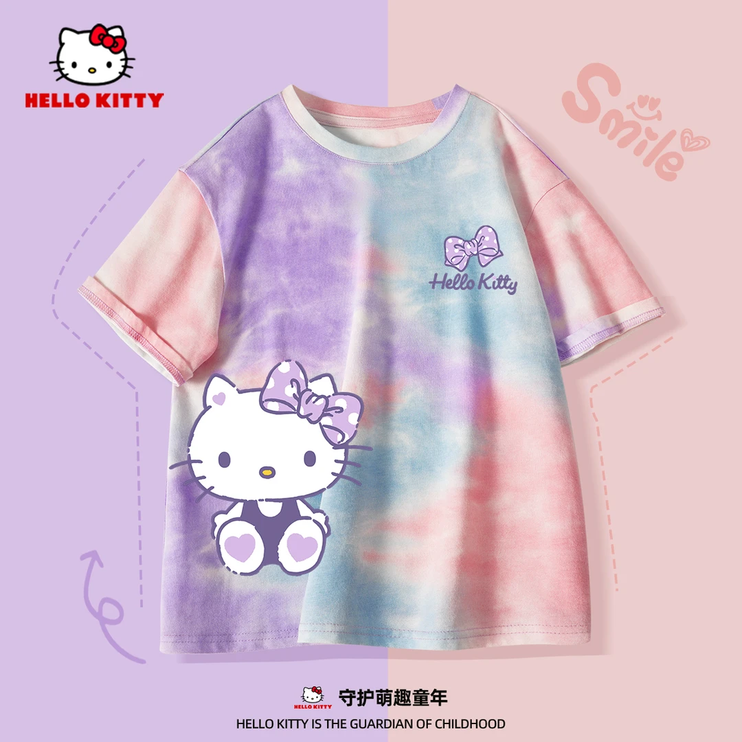 Hello Kitty女童短袖t恤纯棉2025新款夏季扎染时髦洋气儿童上衣夏
