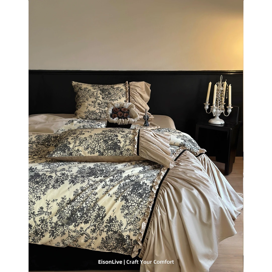 法式浪漫复古玫瑰全棉长绒棉四件套纯棉贡缎荷叶花边少女床上用品