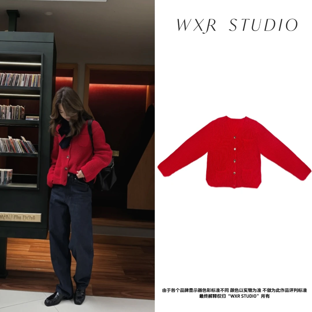 RU【雯姐 大表姐 同款】法式气质红V领针织开衫外套LD7026