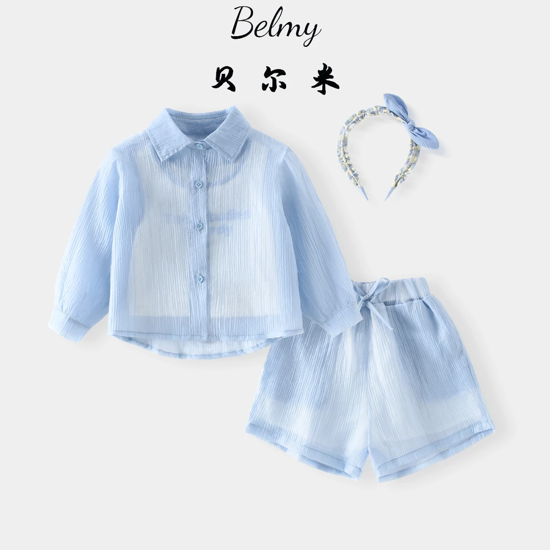 韩版女童蓝色粉色套装三件套夏季防晒洋气薄款时尚女宝休闲春夏