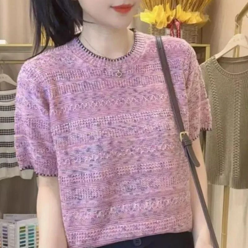 洋气新款短袖夏季宽松显瘦减龄百搭上衣女镂空勾花圆领针织衫女装