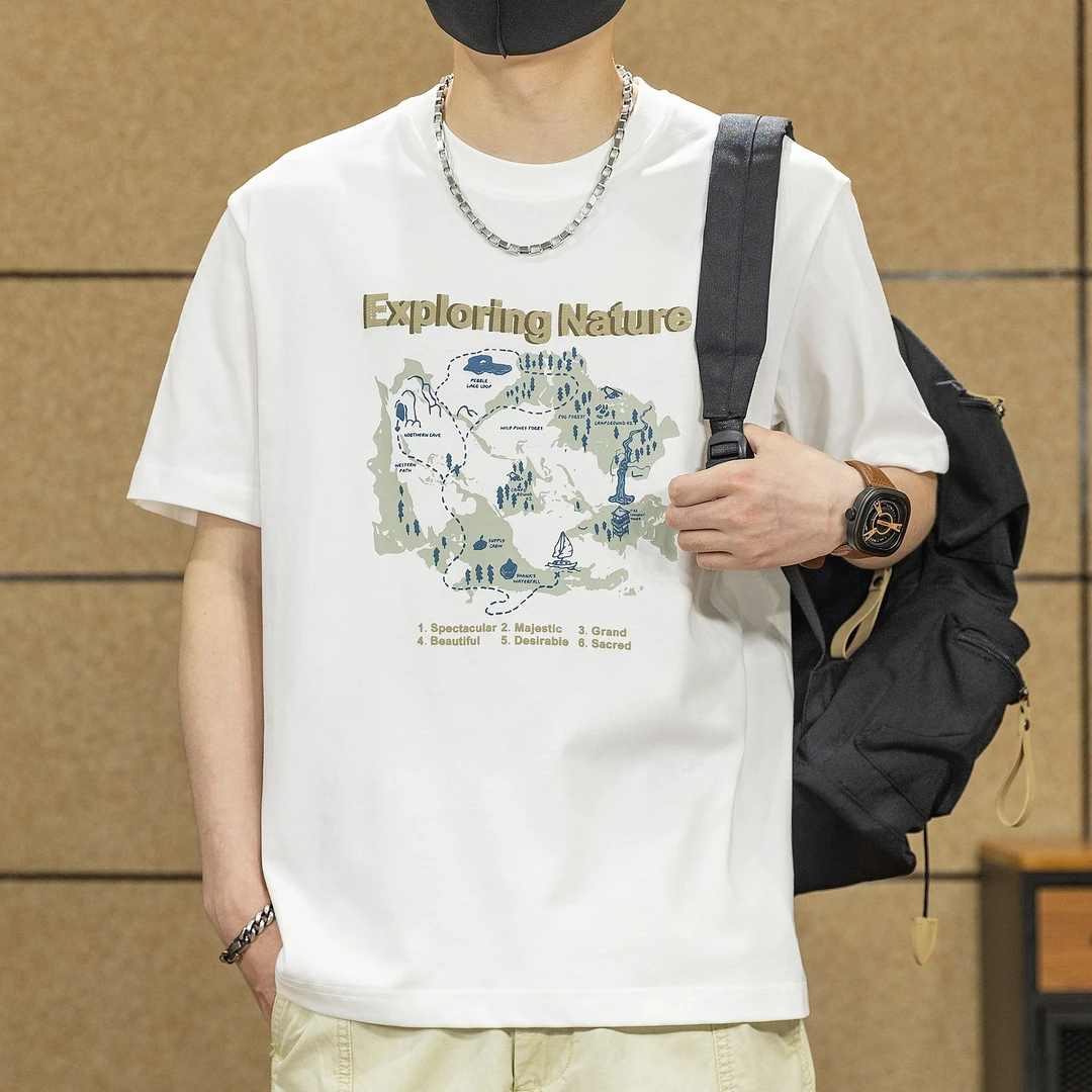 美式高端印花圆领T恤短袖男士夏季新款潮牌宽松大码半袖体恤衫男t