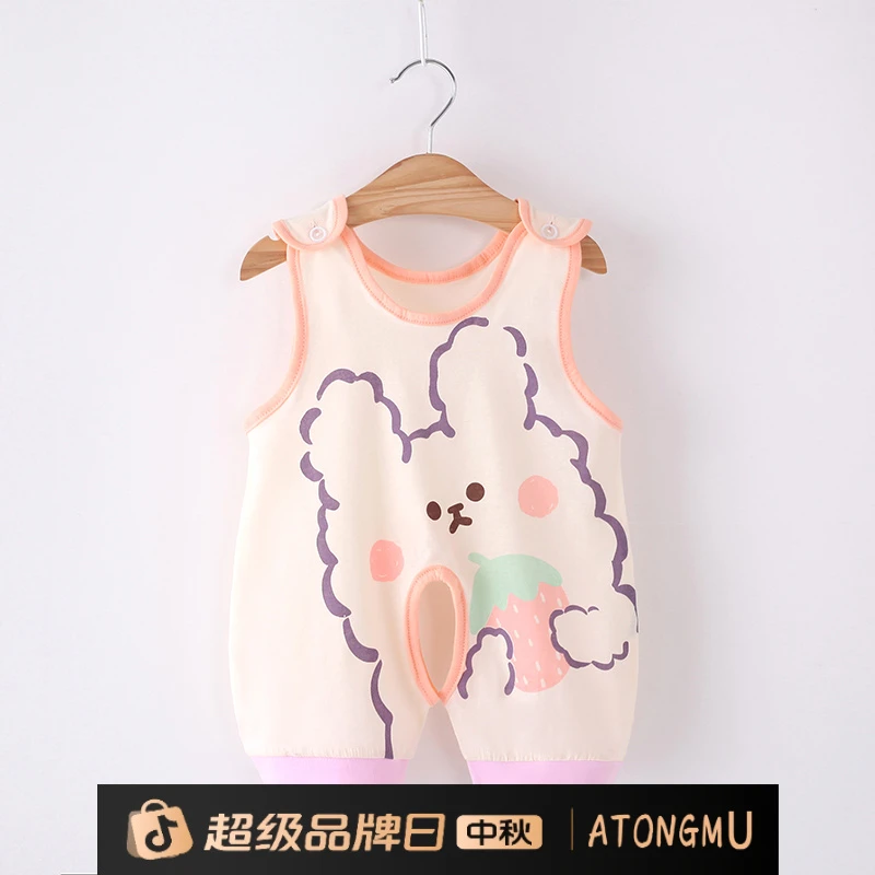 婴儿连体衣薄款棉夏季无婴儿宝宝开裆新生幼儿无袖护肚新生儿吊带