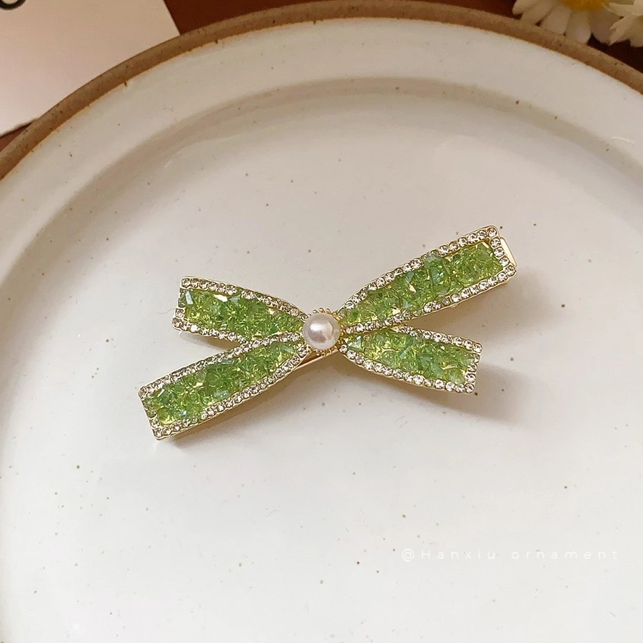 绿色水晶蝴蝶发夹简约气质少女侧边鸭嘴夹超仙森系高级感发饰批发