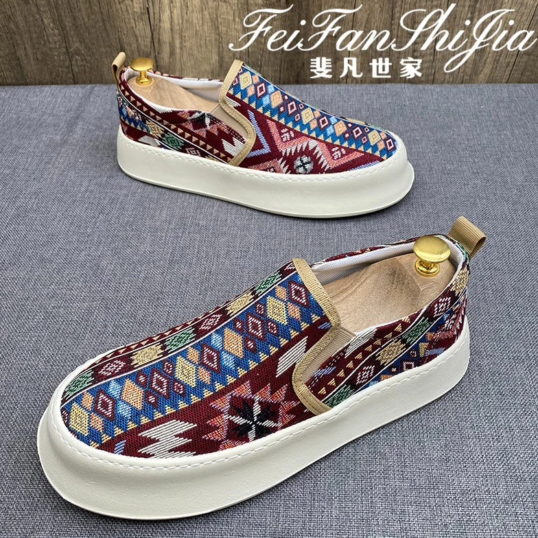 斐凡世家复古国潮民族风男鞋透气百搭懒人一脚蹬低帮厚底休闲板鞋