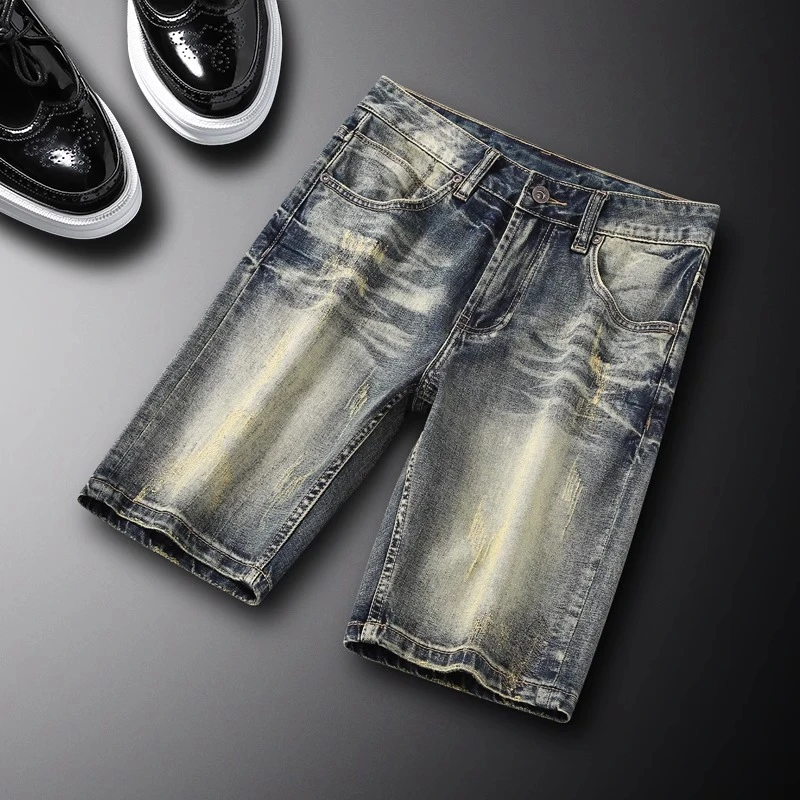 夏季五分牛仔短裤男复古黄泥色2025新款高端美式做旧猫须潮流中裤
