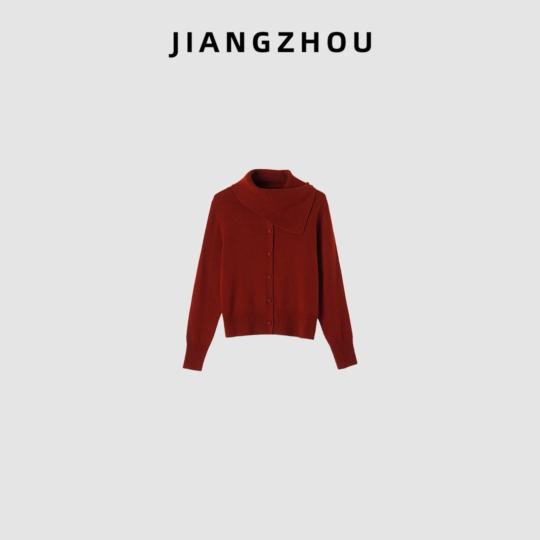 江洲【热颂】秋季新款设计感围脖领针织开衫不对称翻领法式羊毛毛衣