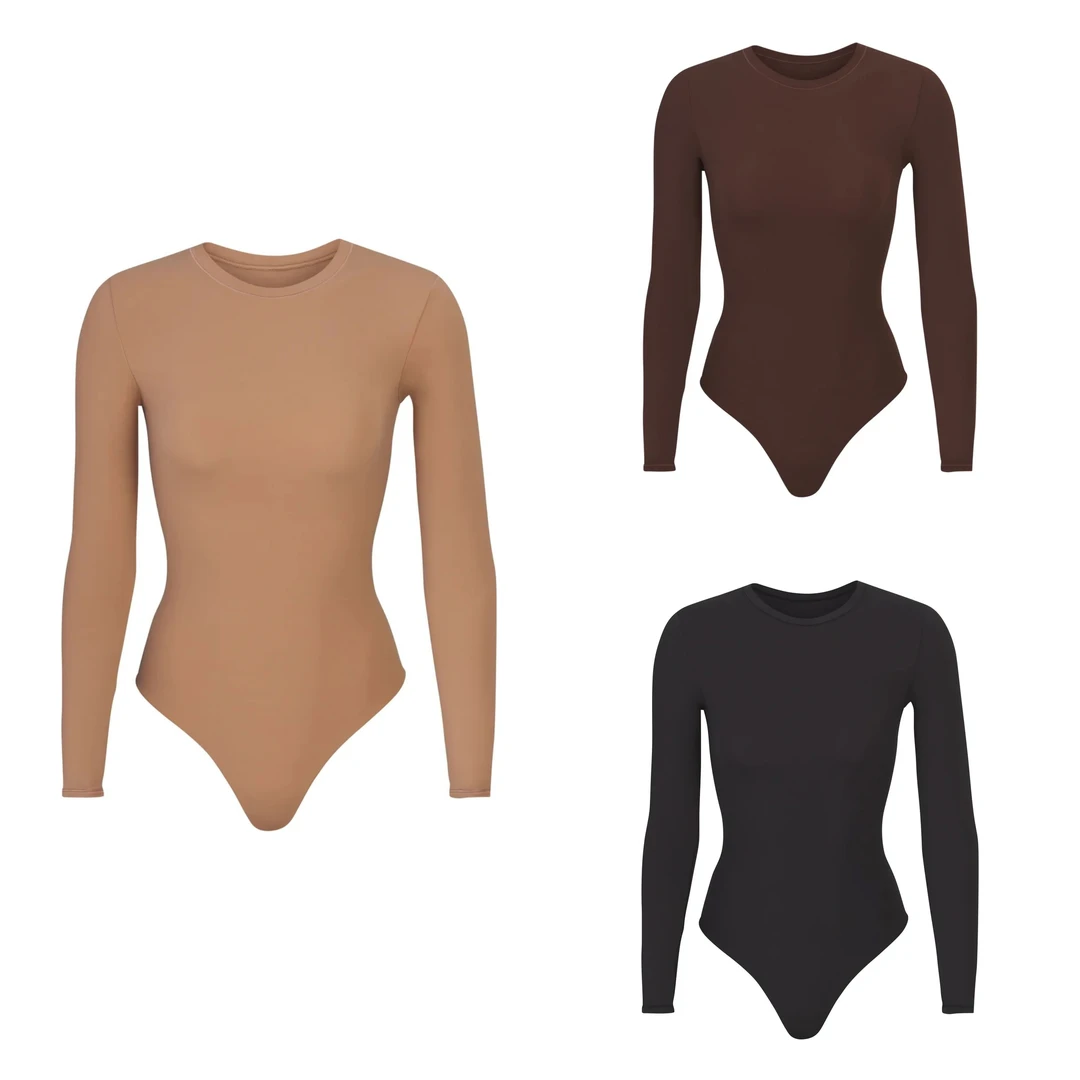 美式简约 裸感长袖连体衣秋冬打底修身圆领女款 高弹显瘦