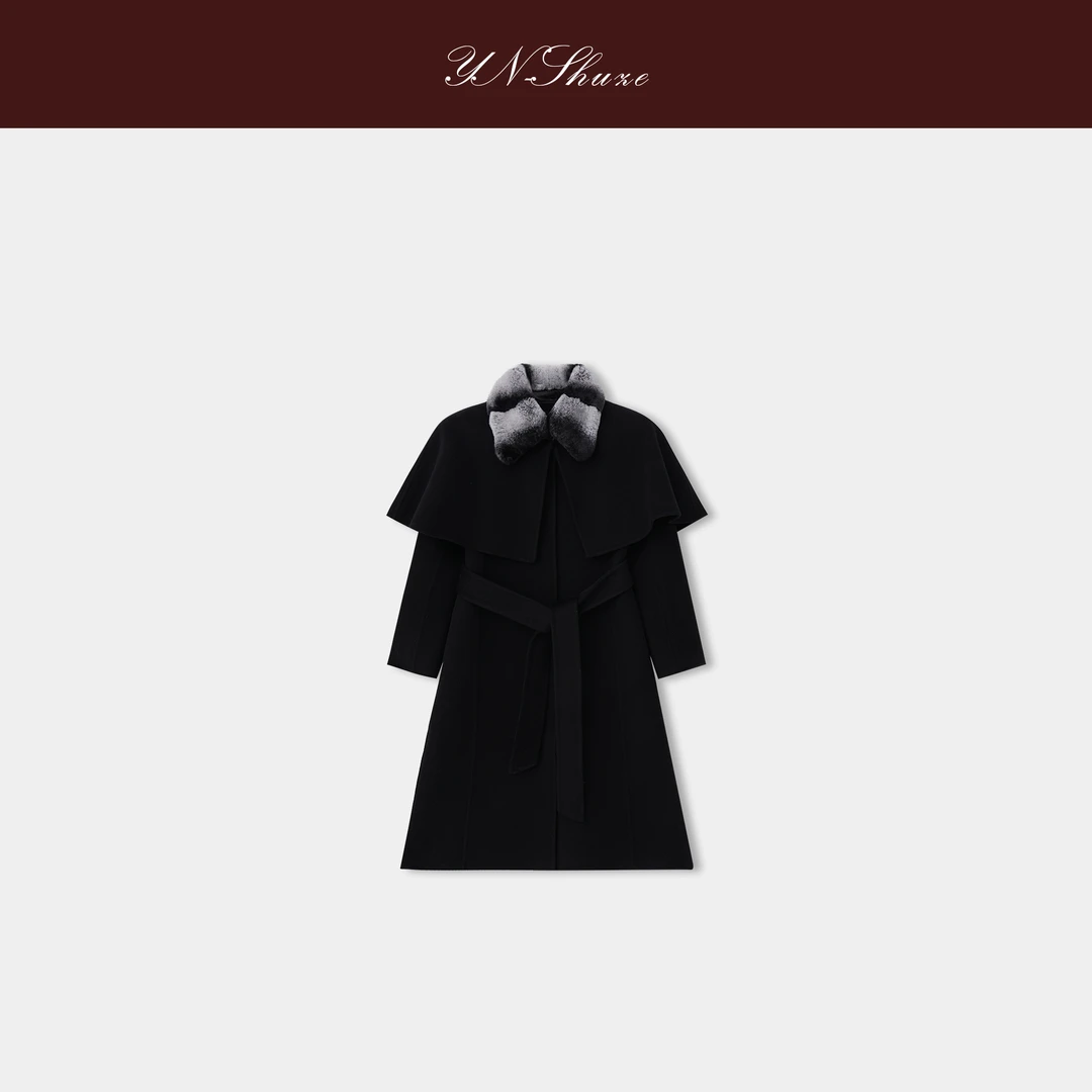 YN-SHUZE设计师冬季中长款黑色大衣SZ-YNB-WT2521