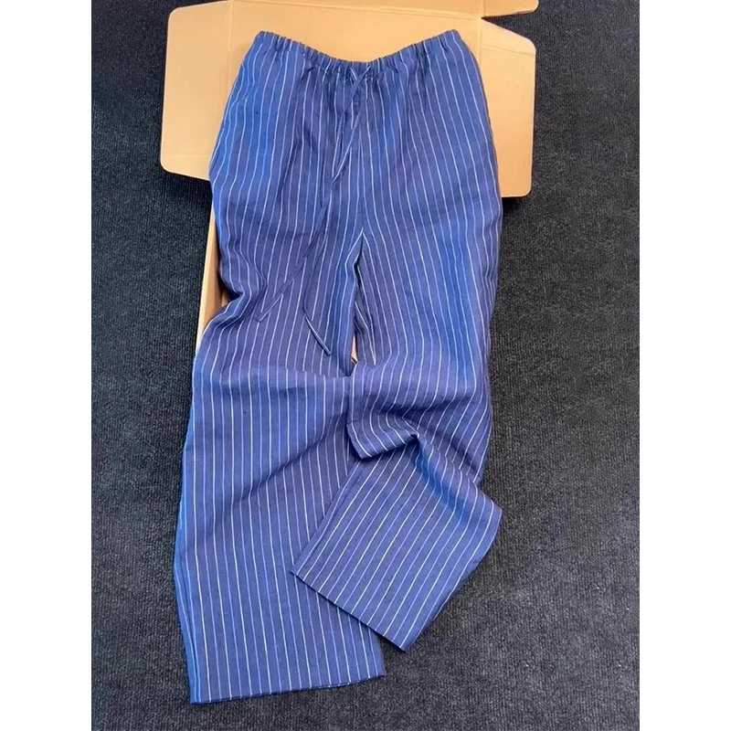 绝绝子，巨显大长腿！高腰垂感直筒裤子女夏宽松蓝色竖纹休闲阔腿裤