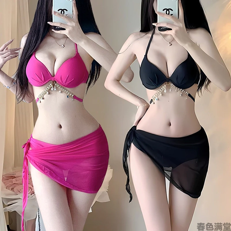 爆款黑色性感小胸聚拢加厚带钢托钻链比基尼度假温泉三件套泳衣女