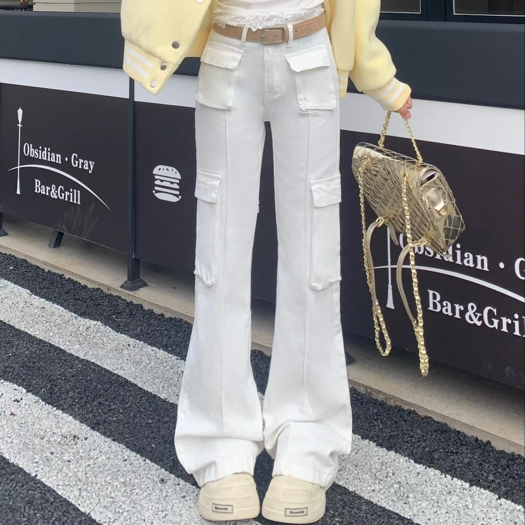 3MER 多口袋窄版工装裤女宽松2025春季新款中腰显瘦休闲裤