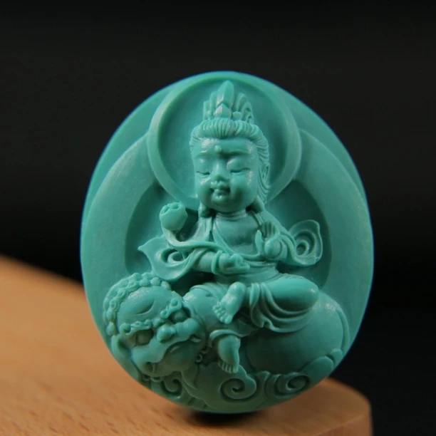 原矿绿松石文殊菩萨宝宝佛 尺寸26×30.3×13.3mm,重14.4g