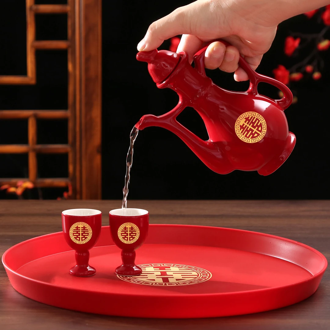 结婚敬酒杯婚宴陶瓷酒壶中式婚礼交杯酒分酒器喜庆红色酒具酒壶0
