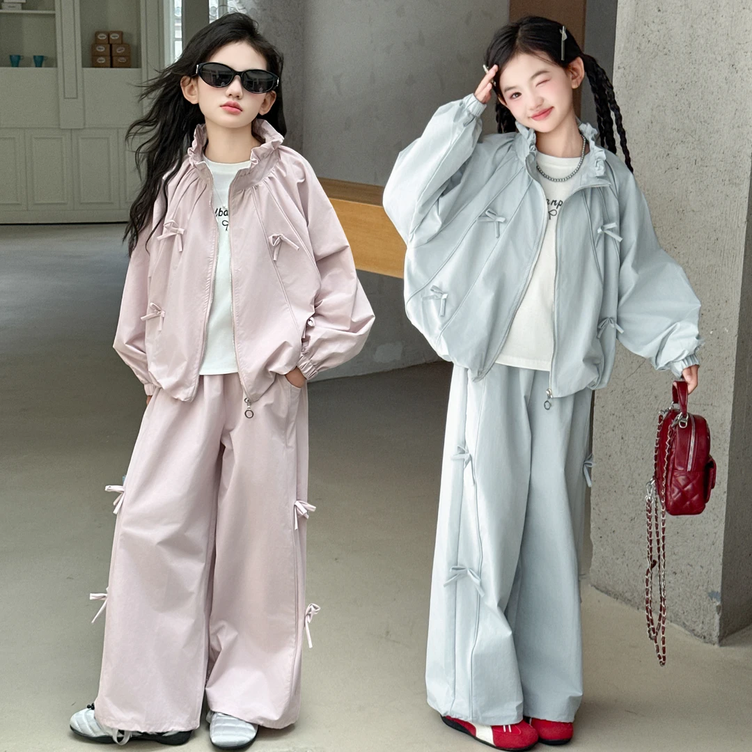 女童套装2024秋季新款儿童洋气韩版蝴蝶结外套女孩休闲运动两件套