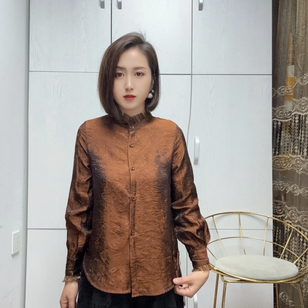 新中式国风人丝浮光缎立领非子边长袖秋季时尚百搭上衣