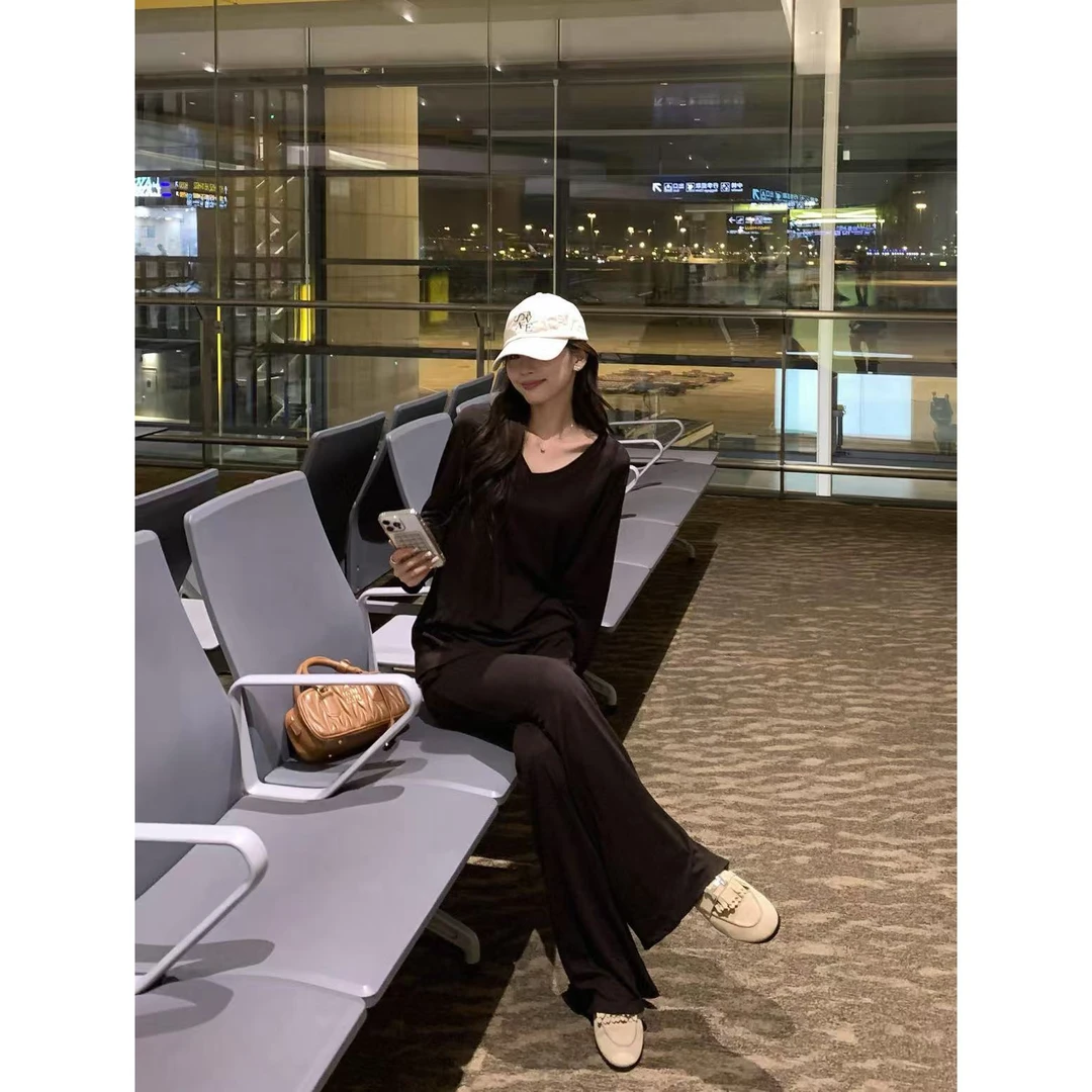 2559款-慵懒风时尚洋气V领显瘦长袖上衣+裤子套装yy