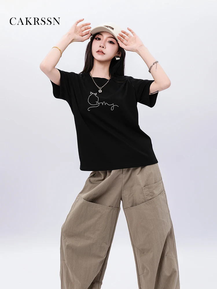 CAKRSSN卡尚2025夏季新款圆领套头短袖黑色小猫T恤女223C527206