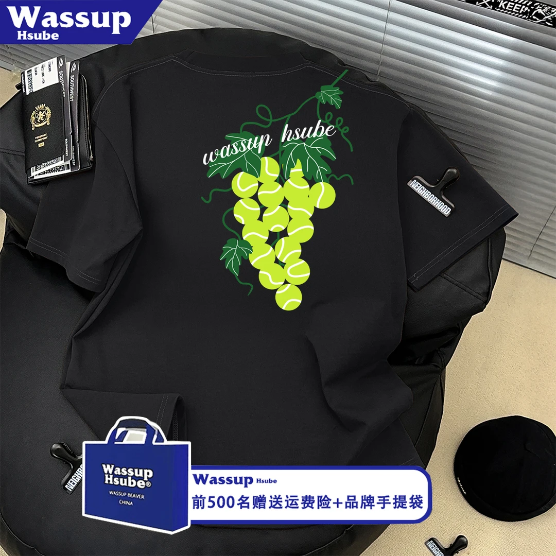 WASSUP HSUBE设计感葡萄网球印花短袖T恤男女ins高街潮牌宽松上衣