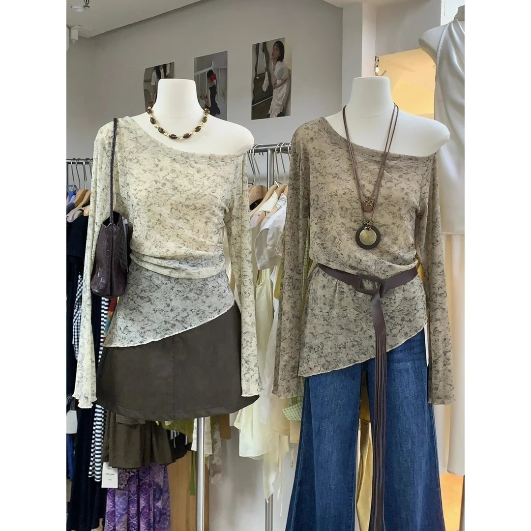 听鸭十三行爆款老钱风复古晕染长袖T恤女夏季款设计感侧开叉上衣