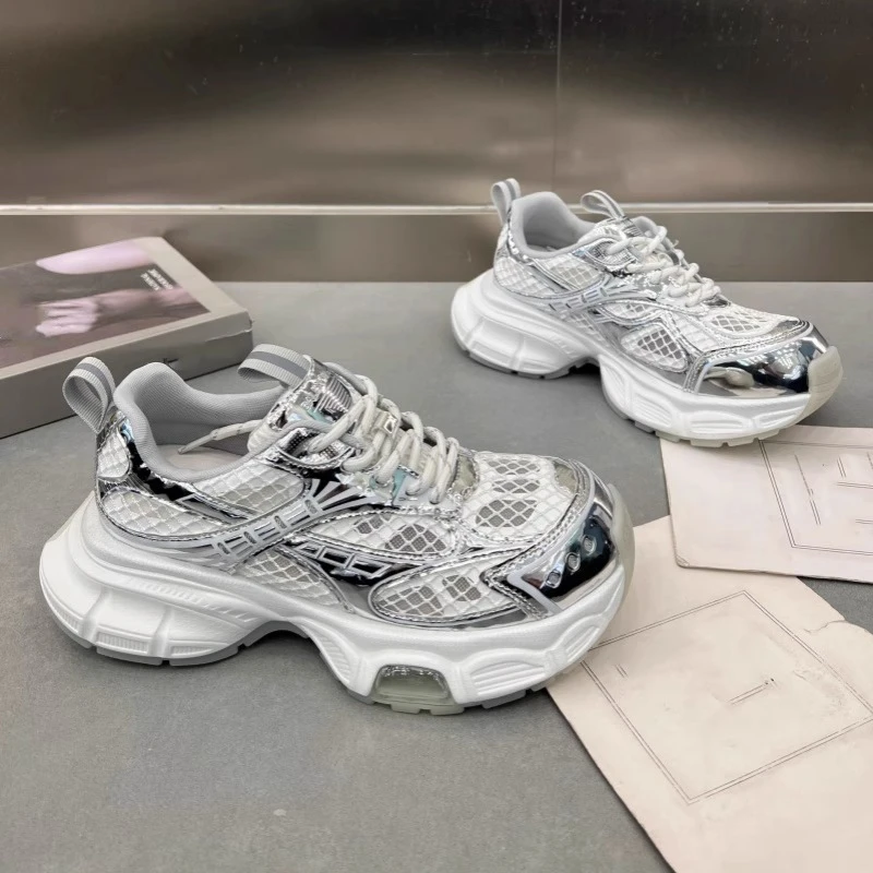 2025夏季新款厚底薄网透气老爹鞋女百搭气垫绑带小个子增高休闲鞋