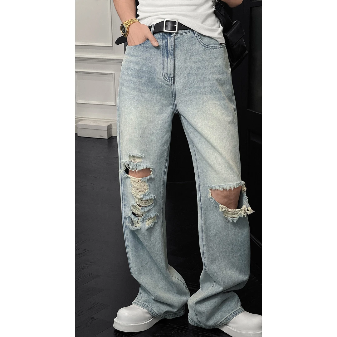 龙叨叨夏季新品美式高街水洗破洞牛仔裤男潮流百搭直筒微喇长裤