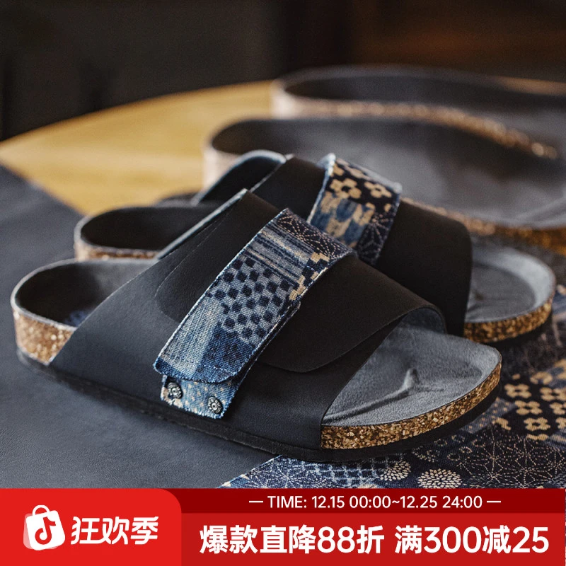 马登复古软木无跟拖鞋男士新款包头户外穿魔术贴休闲凉鞋一字凉拖