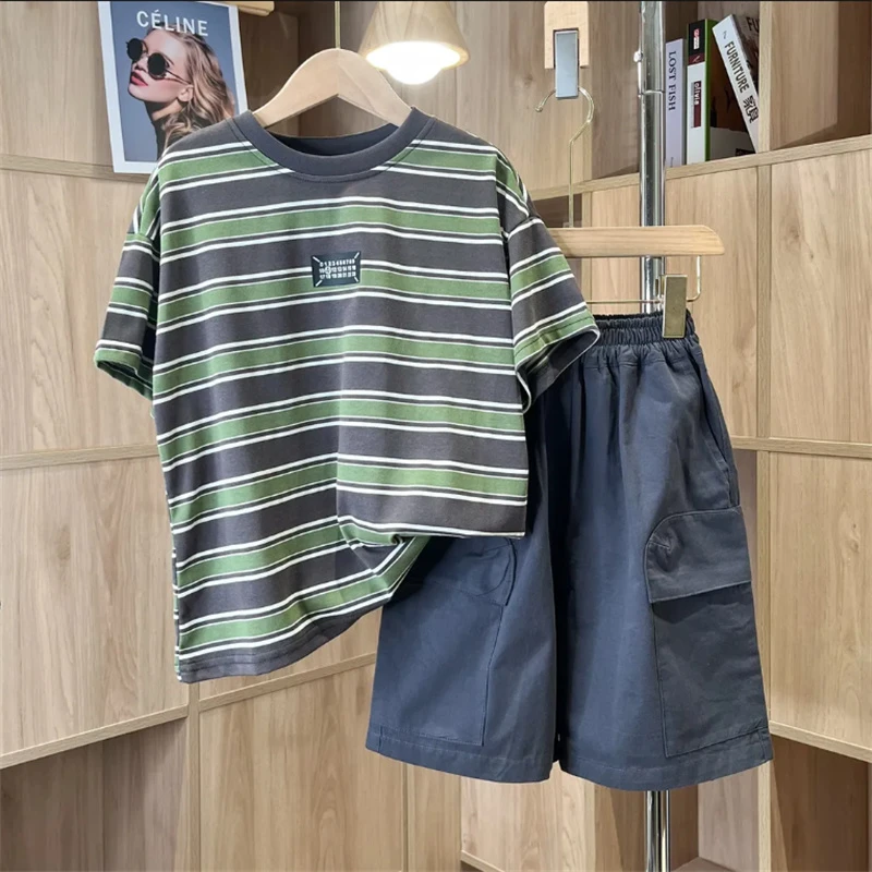 男童夏装儿童短袖条纹套装2025夏季新款中大童T恤短裤休闲两件套
