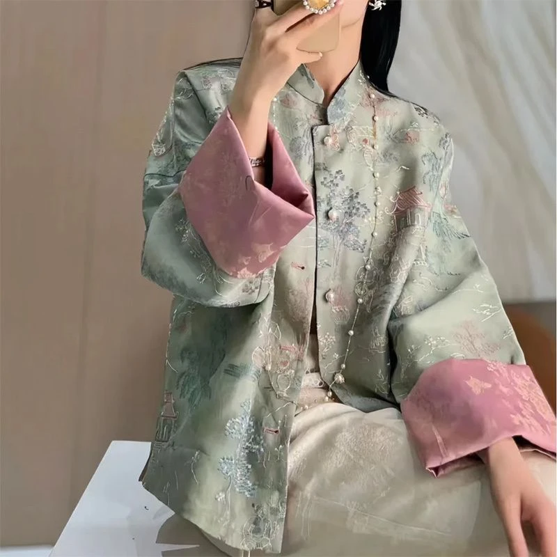 新中式提花刺绣外套女2025春款中国风复古立领百搭两面穿唐装上衣