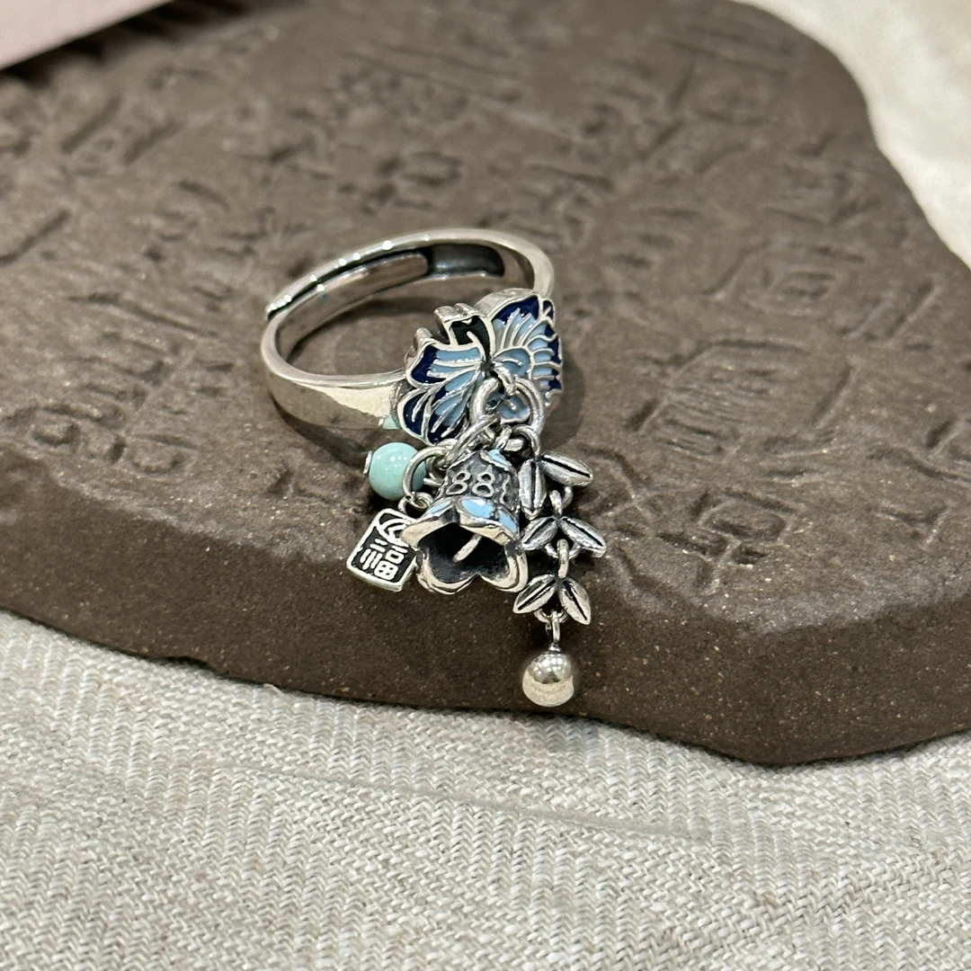 <一禅兄>S925银绿松石圆珠福字吊牌珐琅花朵叶子流苏钟形吊坠戒指