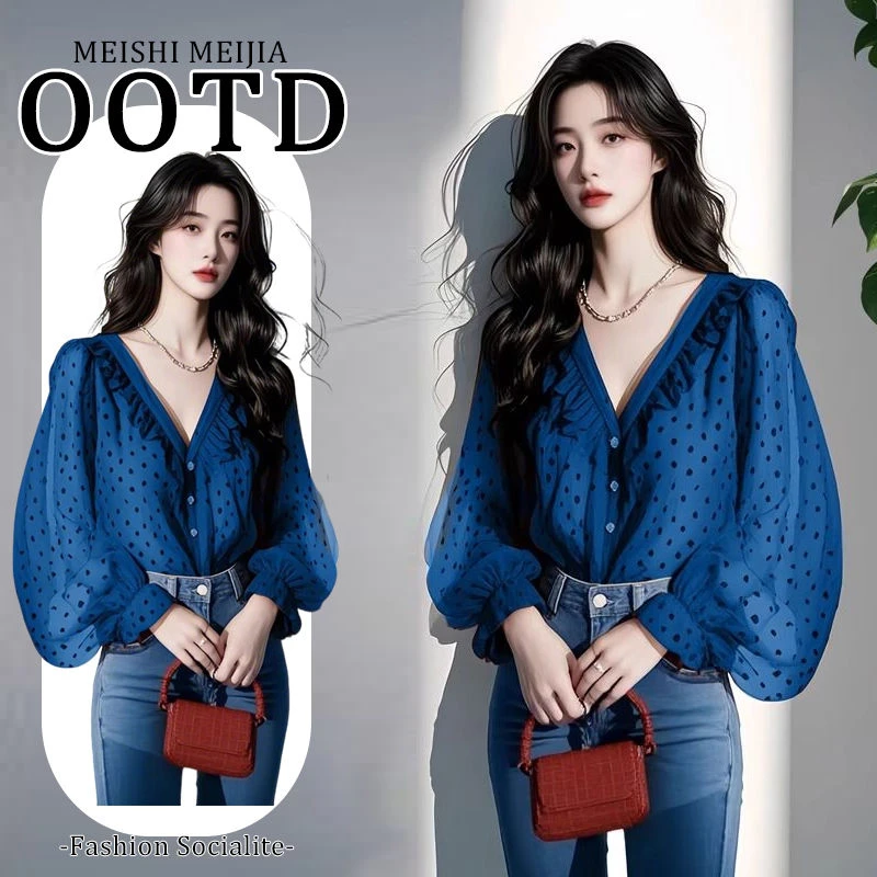 2025秋季新款漂亮小衫港风复古v领木耳边雪纺长袖波点衬衫女气质