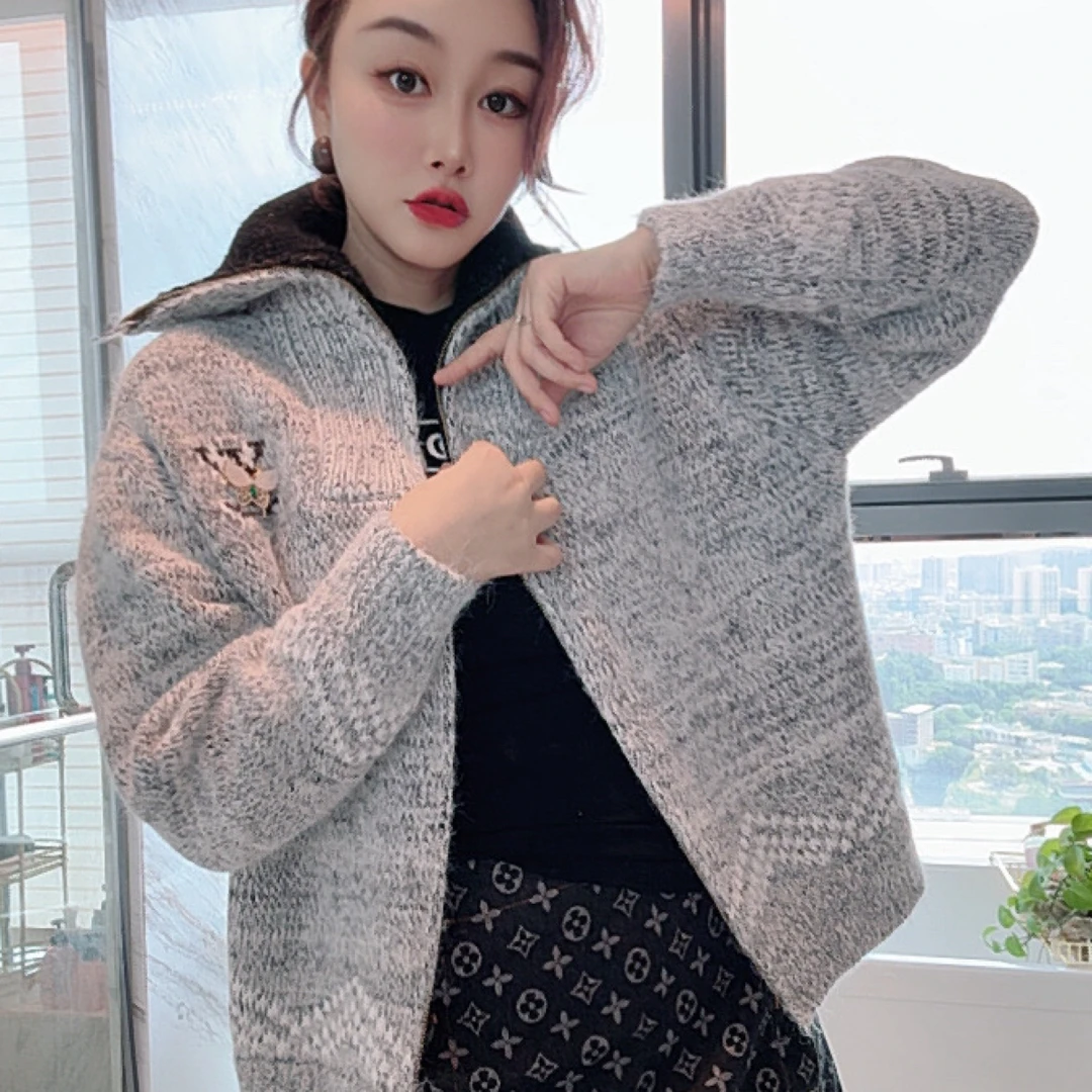 (龙女家)宽松型厚款翻驳领短外套小香风宽松开衫韩版