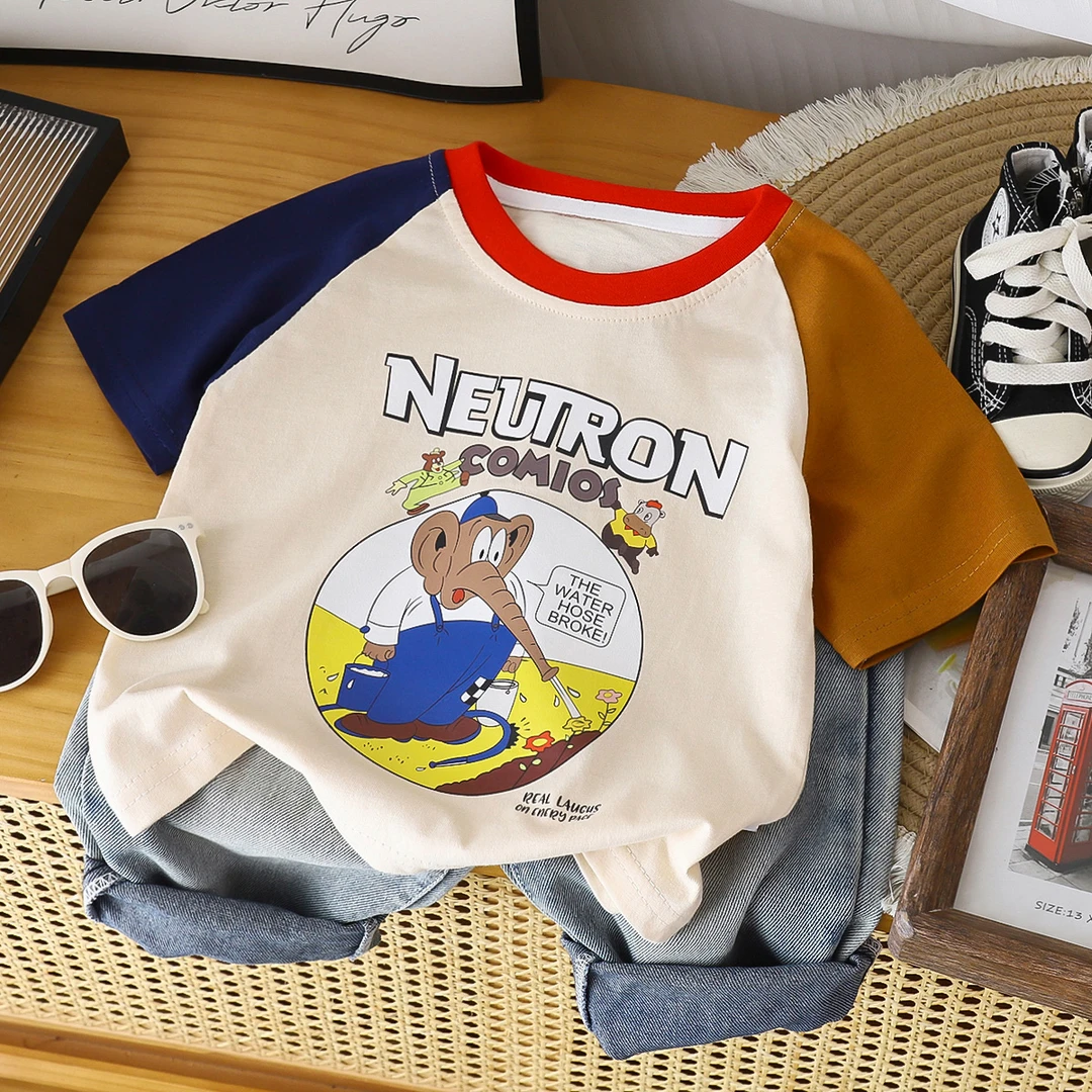 【最新款】2025男童纯棉卡通鸳鸯袖短袖T恤潮童儿童洋气宝宝夏季