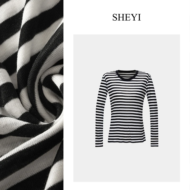 天丝羊毛混纺柔软舒适百搭长袖T恤条纹上衣修身显瘦打底衫女秋冬